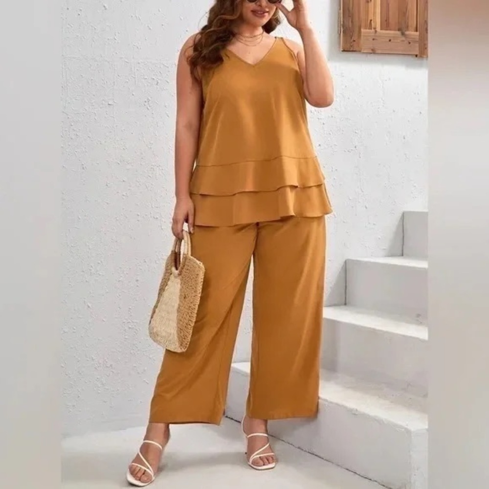 Emery Rose | Plus Solid Tank Top & Wide Leg Pants Ginger Boho